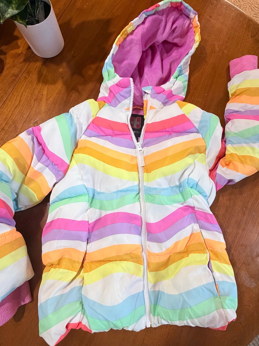 Girls Rainbow Stripe Hooded Puffer Jacket - Multicolor